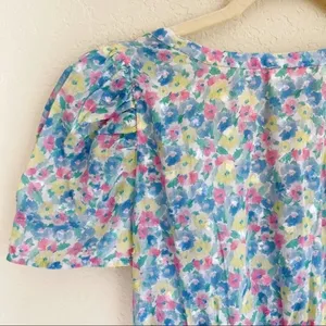 NWT‎ LOVESHACKFANCY Hutchinson Floral Midi Dress Rainbow Blast blue pink v neck thumbnail 8