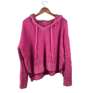 POL Pink Knit Popcorn Hoodie Large V Neck Long Sleeve‎ Pullover Sweater Womens thumbnail 2
