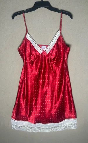 Red Satin dress White lace Trim Chemise slip dress size Medium Lace polkadot thumbnail 1