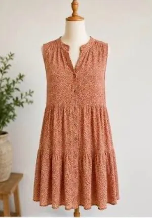 Baltic Born Rust Brown White Micro Dot Sleeveless Tiered Midi Dress Womens 1X thumbnail 1