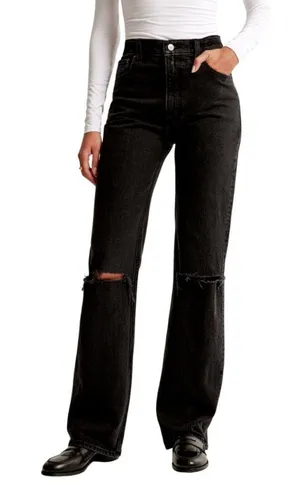 Abercrombie & Fitch High Rise 90s Relaxed Jean Black Destroy Women's Sz 25 / 0R thumbnail 1