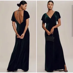 Anthropologie Jenny Yoo Ellis Gown Dark Green Velvet Flutter Sleeve Maxi Dress 4 thumbnail 2