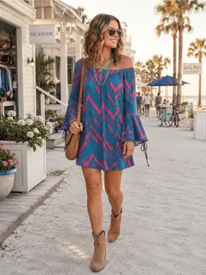 2B Together Boho Chevron Off Shoulder Bell Sleeve Mini Dress Made USA thumbnail 2