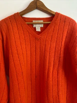 Express Tricot Orange Ribbed V-Neck Sweater 100% Wool Vintage thumbnail 2
