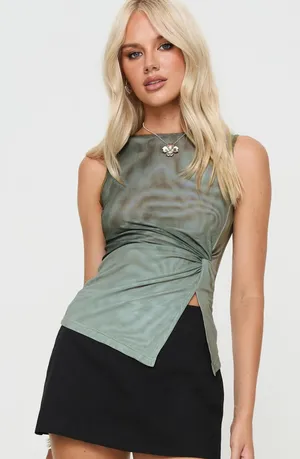 Princess Polly Shrunken green mesh tank top with split ruched cutout thumbnail 1