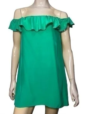 Amanda Uprichard Women’s M Emerald Green Silk Ruffle Top Off Shoulder Mini Dress thumbnail 1