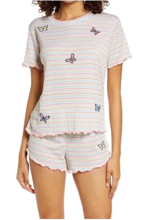 Emerson‎ Road Pajama Set Women Large Yellow Pink Striped Butterfly Sleepwear NWT thumbnail 1