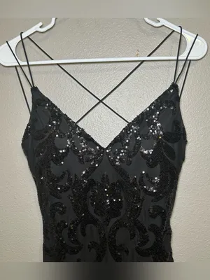 Windsor Black Sequin Damask Strappy Open Back Party Mini Dress Women Size Medium thumbnail 2