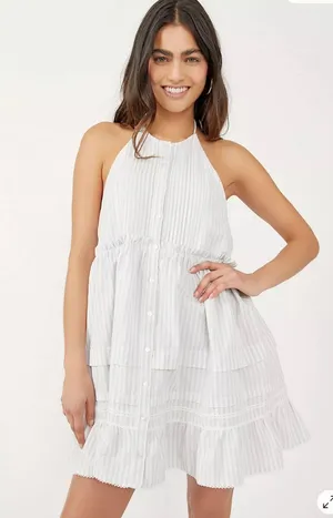 Free People desert Blue Striped Ruffle Mini Dress Cotton Summer beach M thumbnail 1