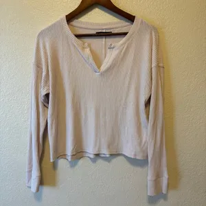 Abercrombie & Fitch Beige Ribbed Notch Neck Long Sleeve Top Medium thumbnail 2