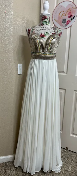 Terani Couture White Maxi Gown with Silver Embellished Bodice size 6 thumbnail 1
