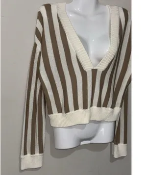 Honey Belle Sweater Womens Med Crop Top Tight Knit Brown & Ivory thumbnail 4