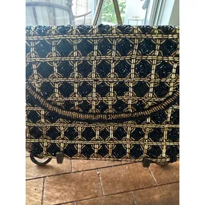 Vintage Beaded Evening Clutch Bag Black Gold Geometric Crossbody Formal PurseGUC thumbnail 4
