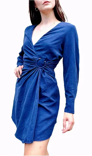 Mango Navy Linen Blend Long Sleeve Wrap Dress Large thumbnail 1