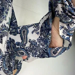 DR2 by Daniel Rainn Blue White Paisley Shift Dress Tassel Tie Neck Split MEDIUM thumbnail 6