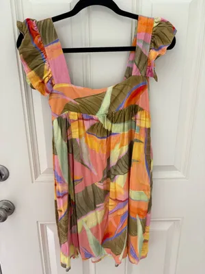 Revolve Kourt Pink Green Tropical Print Square Neck Ruffled Linen Mini Dress NWT XS thumbnail 5