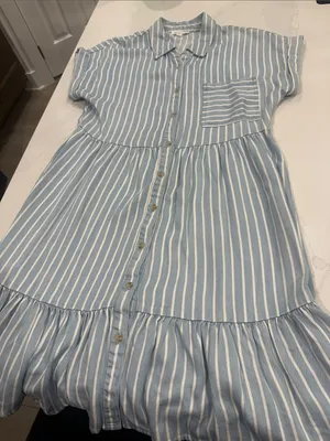 Versona blu pepper chambray striped button down tiered dress cuffed short sleeve thumbnail 1