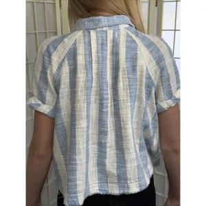 We the Free Classic Boho‎ Beach Gauze Cropped Fringe Striped Button Blouse Small thumbnail 2