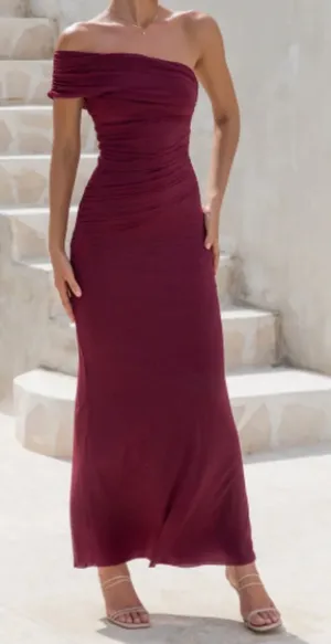 Fortunate One - Maroon Dahlia One Shoulder Mesh Maxi Dress thumbnail 1