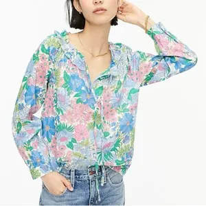 J.Crew Cotton Tie-Front Gathered Sleeves‎ Ruffle Top in Fairy Floral Size XS thumbnail 2
