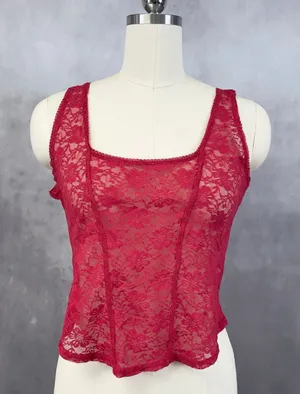 Romantic Sheer Lace Cami Top Large Red Square Neck Coquette Festival‎ Grunge Y2K thumbnail 1