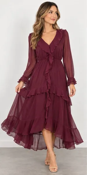 autres filles dress ruffle burgundy EUC medium lined Faux Wrap Midi thumbnail 1