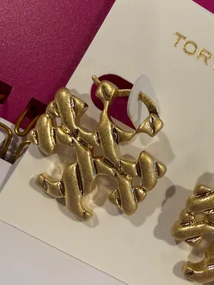 Tory Burch | Gold Plated Twisted Logo Hoop Earrings | Medium thumbnail 2