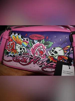 Ed Hardy Pink Shoulder Bag Tattoo Skull Rose Butterfly Rhinestone Barrel Satchel thumbnail 13