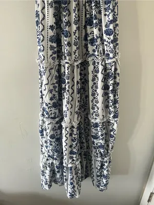 Blue White Floral Smocked Maxi Dress 1X Cottagecore Euro Summer Coastal Vacation thumbnail 3