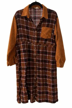Easel Los Angeles Shirt Dress‎ Coffee Plaid Flannel Corduroy Sleeves Size Small thumbnail 1