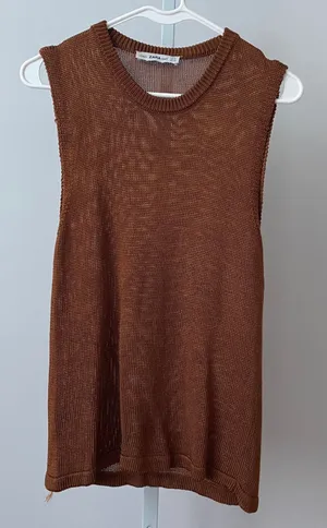 Zara Boho Relaxed Earth Colors Lagenlook Sleeveless Knit Top Small Brown thumbnail 1
