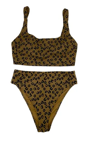Aerie Scoop Neck High Cut Cheeky Bikini Set Size XL Leopard Print Ribbed Knit thumbnail 1