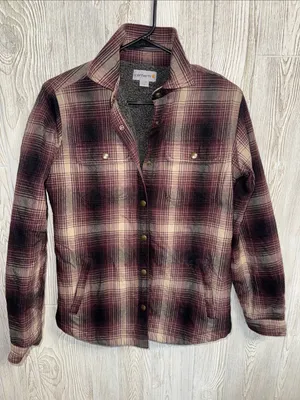 Carhartt Hubbard Sherpa Lined Burgundy and Cream Plaid Snap-Front Jacket thumbnail 1