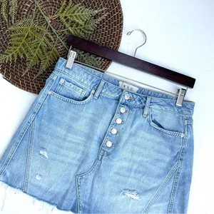 Free People We The Free Womens Skirt Blue Denim Button Fly Distressed Fray 29 thumbnail 2
