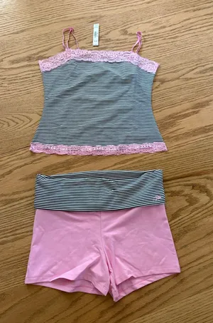 Frankie's Bikinis Pink & Black Striped Lace Cami Pajama Set thumbnail 1