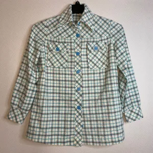 Jeanette Maternities Blouse Women S/M Blue Orange Plaid Top Maternity Boho EUC‎ thumbnail 1