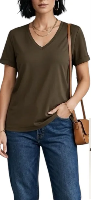 H&M | NWOT Turkey 100% Cotton Brown V-Neck Short Sleeve T-Shirt (Size L) thumbnail 1