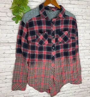 Miss Me Distressed Crochet Lace Button Down Flannel thumbnail 2