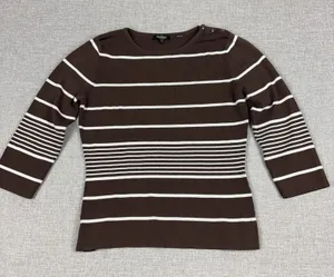 Anthropologie Peck & Peck Sweater Womens L Brown Striped Crew Neck 3/4 Sleeve thumbnail 1