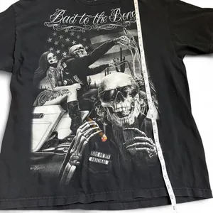 Ride or Die Bad to Bone Motorcycle Biker Black Graphic AOP Tee Tshirt Y2K DGA David Gonzales Skull Skeletons Baggy Oversize Sz XL - measurement in pics thumbnail 4