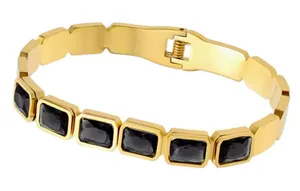 Classic Stainless Steel Zircon Bracelet in gold color with black stones thumbnail 1