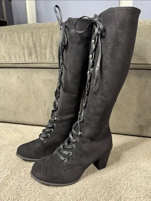 Tall Black Faux Suede Lace-Up Women’s Boots Gothic Size 8.5 (41) NEW thumbnail 2