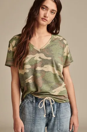 Lucky brand ultra-soft classic V-neck tee women's size medium oversized camo thumbnail 1
