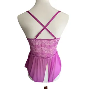 Gorgeous! Lilac Satin Lace Rose Negligee Open Crotch S thumbnail 4