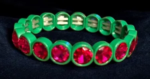 Green with hot pink gemstone stretch bracelet thumbnail 1