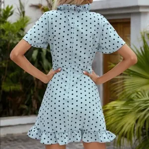Blue and Black Ruffle Trim Wrap Detail Polka Dot Dress Medium thumbnail 2