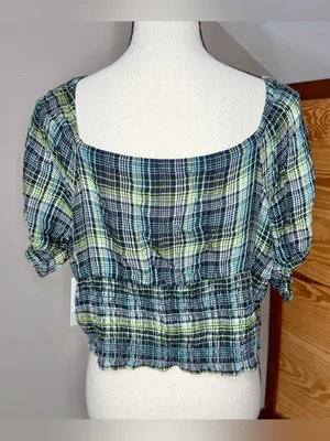 BP Plaid Square Neck Smocked Crop Top Blouse 1X Green Blue Black NWT Plus Size thumbnail 2