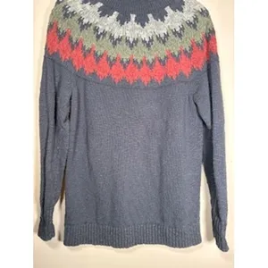 L.L. Bean Fair Isle Sweater Large Blue Cotton Mock‎ Neck Nordic Cottagecore thumbnail 6