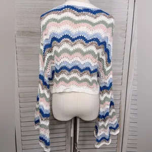 FRANCESCA'S Chevron Stripe Trumpet Sleeve Tie Front Cropped Cardigan-Large thumbnail 2