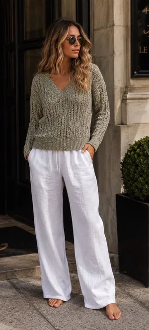 White House Black Market Olive Green V-Neck Cable Knit Sweater thumbnail 1